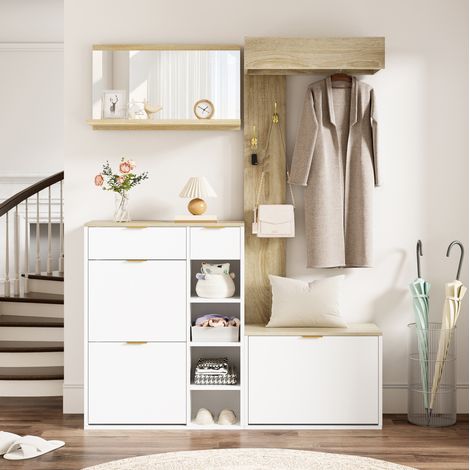 Garderobenmöbel-Set mit Schuhschrank, Bank, Spiegel und Paneel, natur und weiß, 130x30x174 cm (1/5)