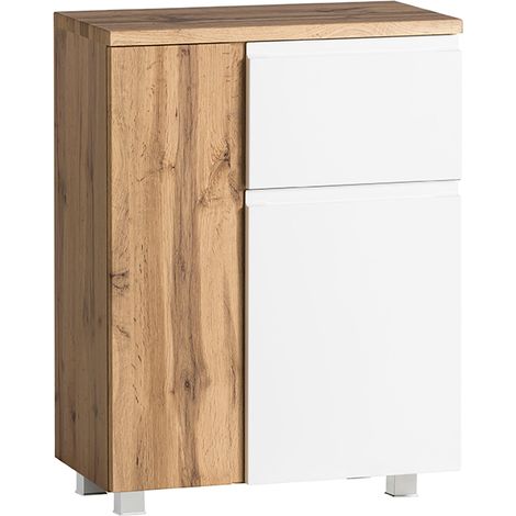 Badezimmer Unterschrank 65cm in Wotan Eiche Nb. mit weiß matt VASTO-03-WHITE, B/H/T ca. 40/79/35 cm (1/5)