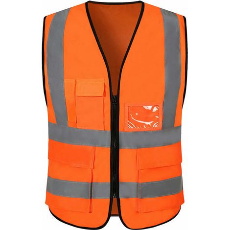 Gilet de sécurité haute visibilité avec 7 poches de plusieurs couleurs sur le devant avec bandes réfléchissantes, jaune conforme aux normes ISO 20471 - Unisexe (XXL, Orange) (1/5)