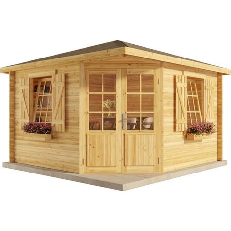 Alpholz 5-Eck Gartenhaus Monica Royal Gartenhaus aus Holz in Pinie, Holzhaus mit 28 mm Wandstärke, Blockbohlenhaus mit Montagematerial