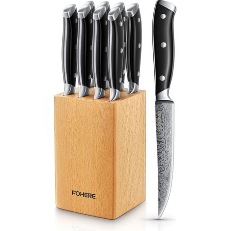 Steak Knives, 8 Piece Table Knives with Knife Block, Extra Sharp Straight Blade Steak Cutlery Set, Damascus Pattern, Full Silk Handle, Knives for Home and Kitchen (1/5)