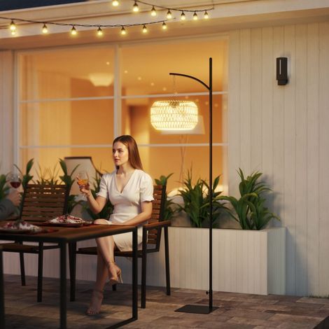 Luminaire de jardin bohème en rotin noir et jaune, lampe sur pied solaire avec détecteur crépusculaire, éclairage automatique IP44, capteur lumineux intégré (1/4)