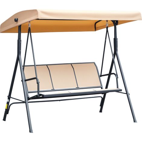 Outsunny columpio de jardín exterior de 3 plazas con toldo reclinable, balancín con respaldo transpirable y marco de acero, 175x118x159 cm, beige
