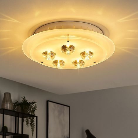 Deckenlampe Deckenleuchte Wohnzimmerleuchte Schlafzimmerlampe Kristallleuchte, Metall lackiert weiß Kristalle klar. D 33cm