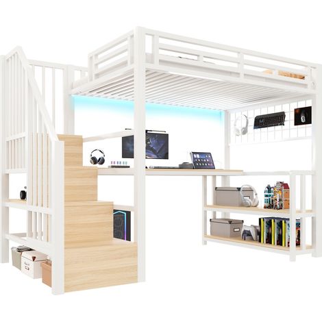 Letto a soppalco 90 x 200 cm con scrivania, ripiani, griglia portaoggetti, LED, 2 USB e 1 Type-C, struttura in metallo bianco per camera ragazzi CHICFURN (1/5)