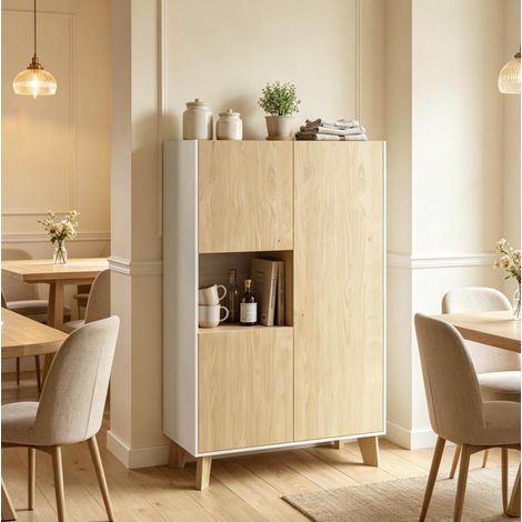Aparador buffet 80 x 40 x 135 cm con puertas de cierre suave, blanco y roble claro HAVRYA (1/5)