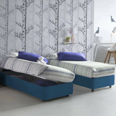 Talamo Italia Einzelbett Diana, Containerbett mit Stoffbespannung, 100% Made in Italy, Seitliche Öffnung, inklusive Matratze 80x190 cm, Blau (1/4)
