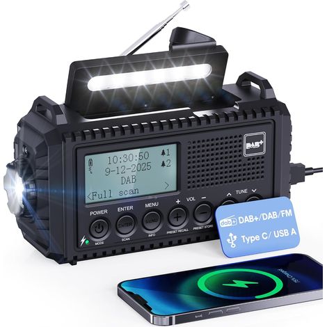 Radio Dab/FM Portable, Solaire Dynamo 5000mAh, Manivelle Solaire, Survie Dab de Solaire Chargeur USB avec Alarme SOS d'urgence, Réveil, Lampe de Poche et Lampe de Lecture (1/5)