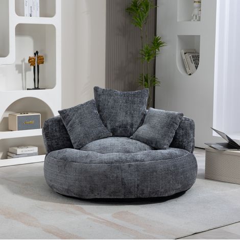 Fauteuil pouf 108x108x52 cm gris en chenille avec dossier haut et accoudoirs (1/5)