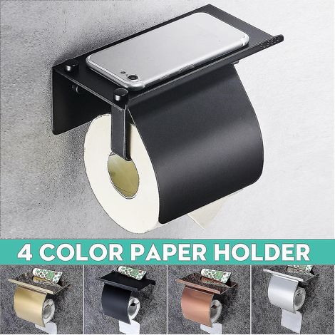 Toilettenpapierrollenhalter mit Ablage, aus schwarzem Edelstahl. (1/4)