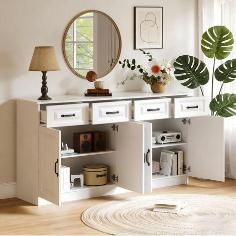 Credenza in MDF bianco 160 x 35 x 80 cm con 4 cassetti, 4 ante e 2 ripiani regolabili (1/5)