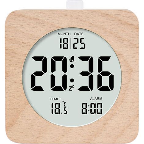 Réveil Numérique en Bois, 4" Réveil à Piles en Bois avec Répétition et Veilleuse, Réveil de Chevet Numérique LCD avec Affichage Heure, Date, Température, 12/24H, Réveil en Bois Carré (1/5)