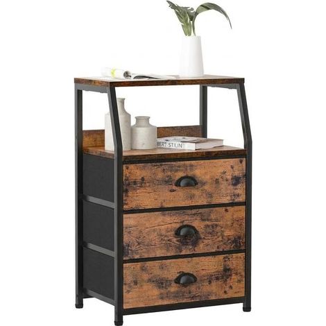 Commode 3 tiroirs en tissu moderne – Plateau en bois robuste – Table d’appoint compacte avec cadre acier pour chambre, salon ou entrée – Rangement pratique – Coloris bois naturel, 41x29x72cm (1/5)