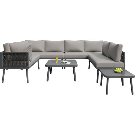 Ensemble jardin U-forme 8p, 4 canapés 2p + 2 tables, coussins (1/5)