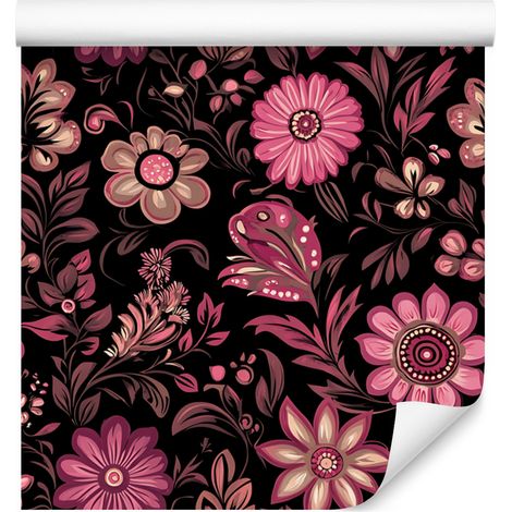 Hermoso papel tapiz floral en negro, burdeos y burdeos para sala de estar y dormitorio, 50x1000 (1/5)
