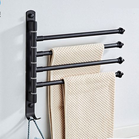 Porte-serviettes pivotant pour salle de bain, fixation murale, gain de place, rangement, support suspendu, 30,5 cm (acier inoxydable, noir, 4 bras) (1/5)