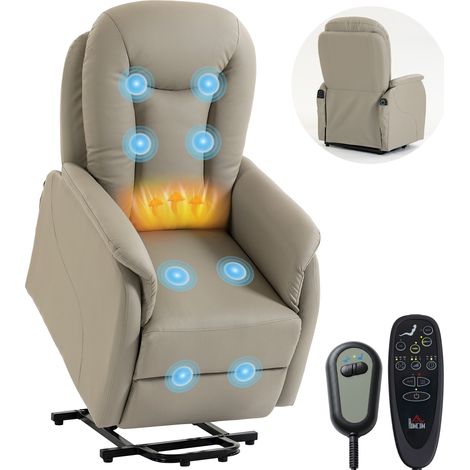 Fauteuil releveur électrique - massage vibratoire et chauffage - dossier inclinable - poche latérale - PU - 70 x 92 x 108 cm - gris (1/5)