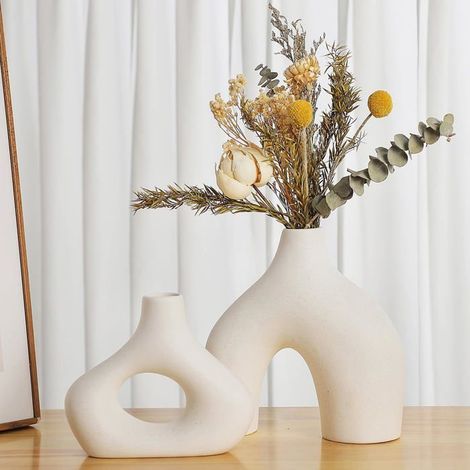 BelleRise - Ensemble de 2 vases en céramique blanche pour une décoration bohème moderne et minimaliste vases ronds mats en forme de donut (1/5)