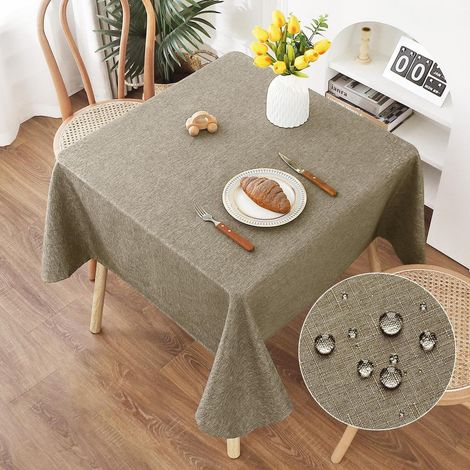 Nappe lavable aspect lin 120x120cm Marron café hydrofuge résistant aux rayures