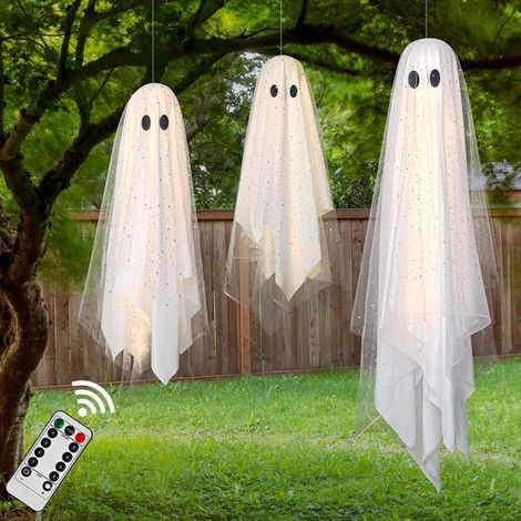 Décoration d'Halloween en 3 pièces - Fantômes lumineux à suspendre - Fantôme lumineux - Télécommande et minuterie - Éclairage d'ambiance pour jardin et fête - Facile à démonter - Pour arbre, jardin, f (1/5)