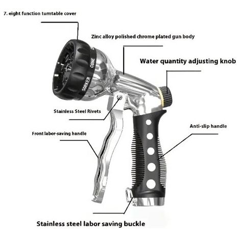 Tuyau d'arrosage, pistolet à eau, buse de pulvérisation, pistolet à eau 7 fonctions pour le jardinage et le lavage de voiture