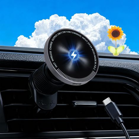 Chargeur Magsafe Voiture 15W - Support Magnétique Téléphone Auto Sans Lumière, Support Telephone Voiture Induction Rotation à 360° - Chargeur Sans Fil, avec Décoration Fleur Solaire Oscillante (1/5)