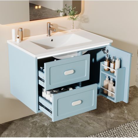 Meuble de salle de bain avec vasque 76 x 46 x 51 cm, LED à capteur radar, 2 tiroirs, bleu DESVIAE (1/5)