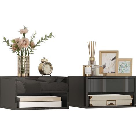 Lot de 2 tables de chevet murales, tables de nuit, tiroir, compartiment ouvert, plateau, 37 x 32 x 21 cm, noir (1/5)