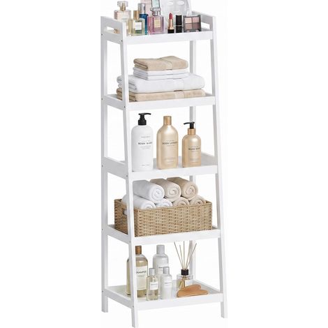 Étagère échelle en bambou, étagère de rangement pour salle de bain, étagères gain de place à 4 ou 5 niveaux pour chambre (Blanc, 5 niveaux (hauteur 50 po)) (1/5)
