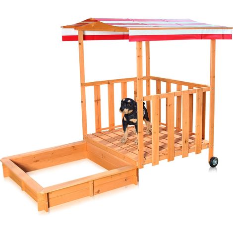Melko Sandbox Sandbox con copertura e protezione solare in legno per bambini, 182 x 100 x 140, con veranda e ringhiera, tetto rosso bianco (1/5)