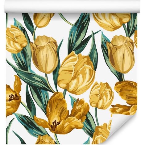 Tapete mit gelben Tulpen auf weißem Hintergrund für Wohn- und Schlafzimmer, 50 x 1000 cm (1/5)