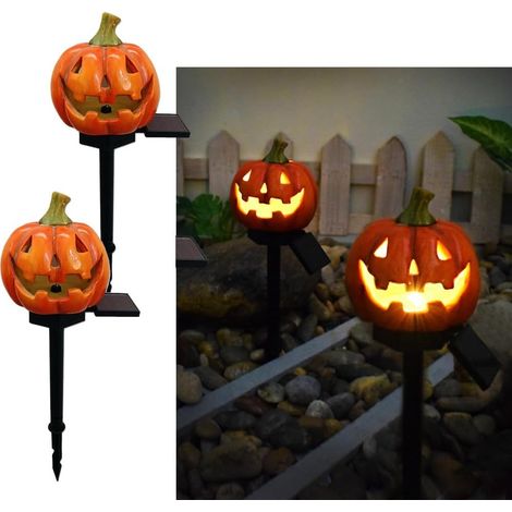 Lot de 2 lampes solaires LED en forme de tête de citrouille, lampe décorative pour atmosphère extérieure, jolie tête de citrouille en résine, lumières paysagères de cour. (1/5)