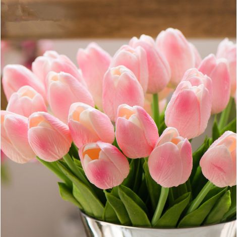 Tulipe Artificielle - 36 cm - Tige Flexible en Fil Acier Recouverte de Plastique - Fleurs en PU Réalistes - Rose Clair - Lot de 12 (1/5)