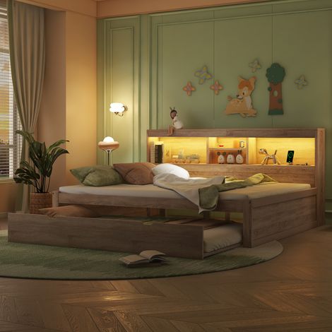Lit canapé 140x200 LED rangement tiroir USB sans matelas bois (1/5)
