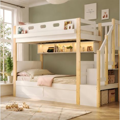 Letto a castello 90/200 cm con scaletta contenitore, LED, presa USB e letto inferiore sollevabile (1/5)