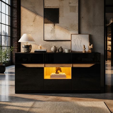 Buffet 140x40x70 cm en panneaux de bois noir, avec rangement LED pour salon moderne FloraGrace (1/5)