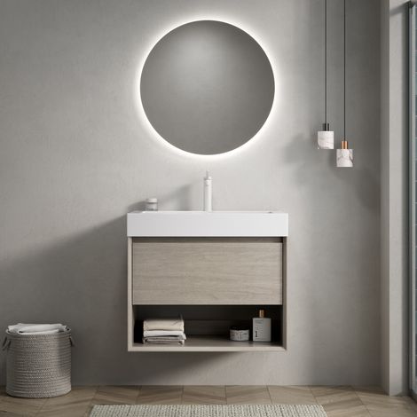 Wandmontierter Waschtisch (70.0x46.0x60.0 cm), mit weißem Resinbecken, Schublade und offenem Regal, Eichenoptik (1/5)