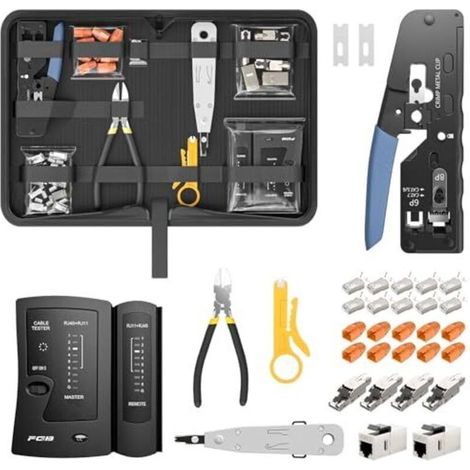 Kit d'outils réseau, pince à sertir RJ45 traversante pour câbles Cat7, Cat6, Cat5 avec 4 connecteurs réseau Cat7 sans outil, 10 connecteurs RJ45, outil de perforation LSA, testeur de (1/5)