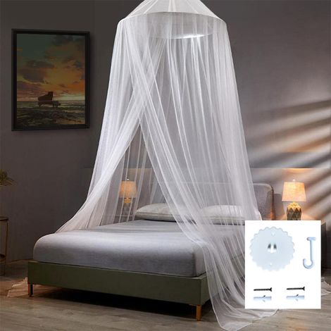 Blanc,Moustiquaire pour lit ， Protection Contre Les Insectes pour Lits Simples et Doubles   idéale pour Les Voyages ， Auvent Comprenant Chevilles, Crochets adhésifs