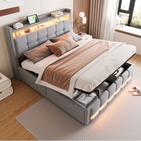 Letto imbottito moderno 160x200 cm grigio chiaro con testiera contenitore, USB, LED e vano letto idraulico (1/5)