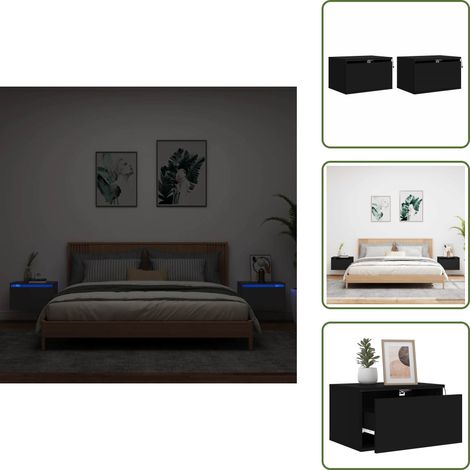 The Living Store Wand-Nachttische mit LED-Leuchten 2 Stk. Schwarz - Wand-Nachttisch - Holzwerkstoff Möbel - Nachttisch Mit Beleuchtung - Schwarzer Nachttisch - Wohnzimmer Dekoration (1/5)