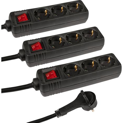 Meister Steckdosenleiste 3-fach - 3 Stück - Extraflacher Stecker - 2 m Kabel - schwarz - IP20 Innenbereich - Beleuchteter Schalter / Mehrfachsteckdose / Steckerleiste mit Flachstecker / 7430580