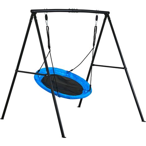 Mophorn Gartenschaukel mit A-förmigem Metallgestell, Schaukelsitz (101,6 cm Durchmesser), Belastbarkeit bis zu 199,6 kg, Outdoor-Schaukelset mit verstärkten Bodenankern, Schwarz und Blau