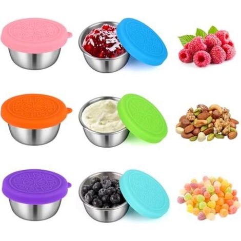 Set di 6 contenitori per condimenti per insalata, tazzine da 50 ml con coperchi in silicone, piccoli contenitori in acciaio inossidabile per salse e condimenti (1/5)