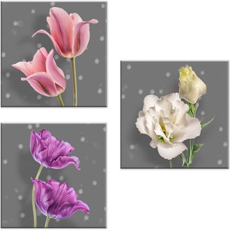 Lupia - Set 3 Quadri su Tela CANVAS DAY FLOWER GREY 38x38 cm floreale, Stampa Vivida, Pronto da Appendere, Decorazione per Soggiorno, Capezzale Testiera Camera da Letto, Cucina, Ufficio (1/4)