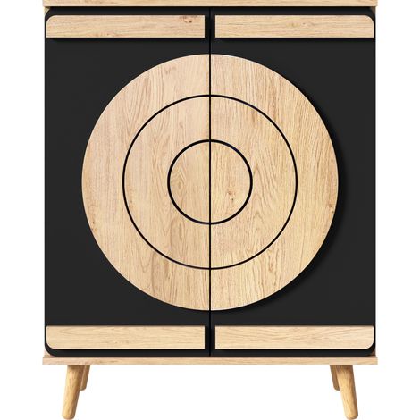 Scarpiera moderna con ante geometriche rotonde, ripiani multipli e gambe in legno (1/5)