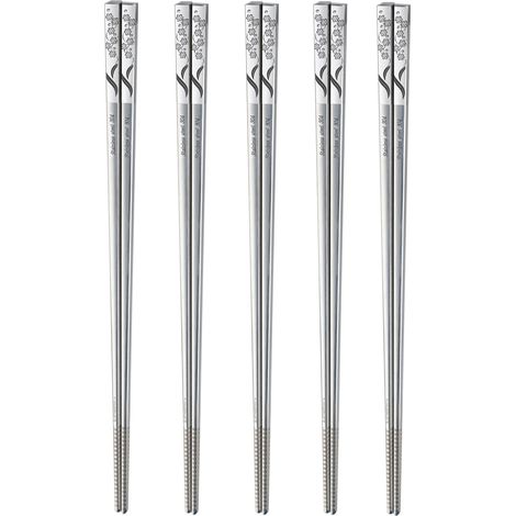 5 paires Baguettes en métal, acier inoxydable, 23,5 cm, antidérapantes, coffret cadeau (1/5)