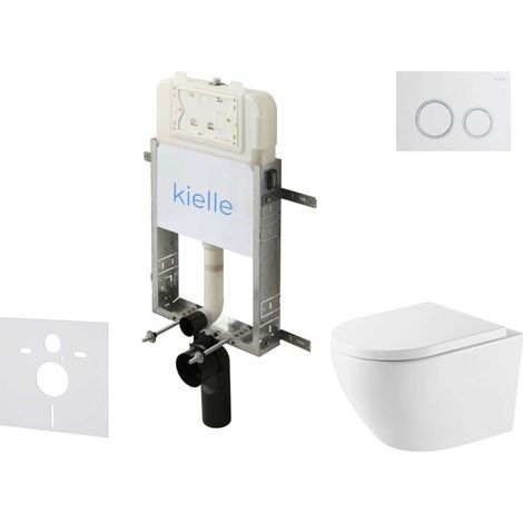 kielle Genesis New - Conjunto de instalación empotrada, inodoro Oudee, Vortex Rimless+, asiento softclose y pulsador Gemini New II, blanco brillante/cromo 30528SZ67