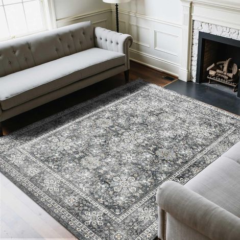 Tapis Salon, 2,4 x 3 m, Grand Tapis Chambre Lavable et Antidérapant, Poils Courts et Denses, Résistant aux Griffures Animaux, Doux Confortable, Style Vintage, pour Chambre, Bureau, Entrée, Gris (1/5)