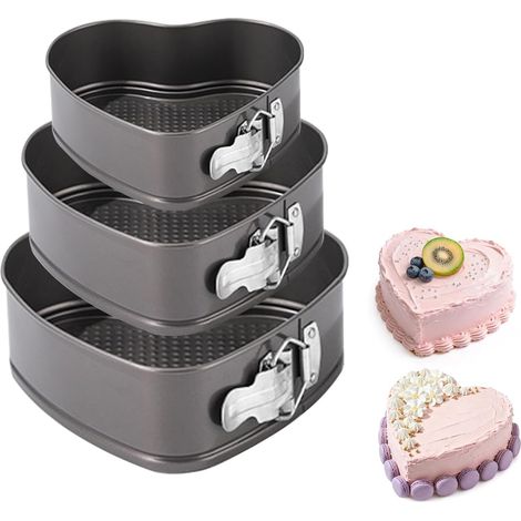 Lot de 3 Moules à Charnière en Forme de Cœur, 20/22/24 cm Moules à Gâteau en Forme de Cœur, Moule à Charnière en Forme de Cœur avec Base Plate Amovible en Acier Inoxydable (1/5)
